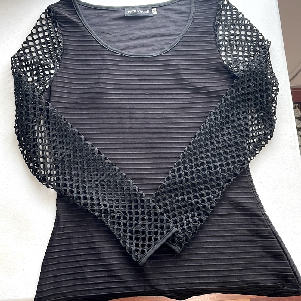 FancyQube Black Blouse with Cutout Sleeves, Size Medium